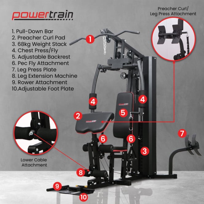 Powertrain JX-89 Multi Station Home Gym 68kg Weight Cable Machine Image 4