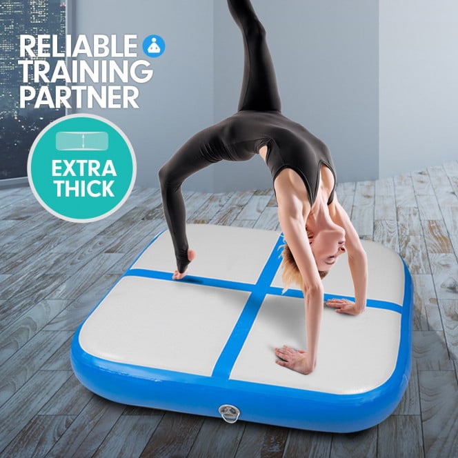 Powertrain Air Track Block 1m x 1m x 20cm Square Inflatable Gymnastics Tumbling Mat with Pump - Blue Image 2