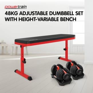 Powertrain 48KG Adjustable Dumbbell Set - Red with Height-Variable Bench