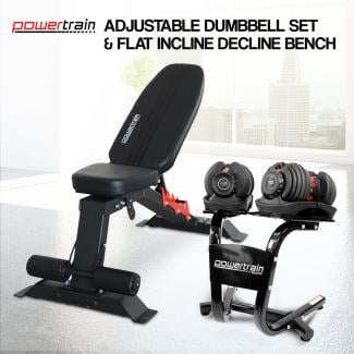 Powertrain 48KG Adjustable Dumbbell Set (Red) & Stand with Flat Incline Decline Bench