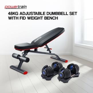 Powertrain 48KG Adjustable Dumbbell Set (Blue) with FID Weight Bench