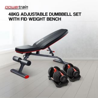 Powertrain 48KG Adjustable Dumbbell Set (Red) with FID Weight Bench