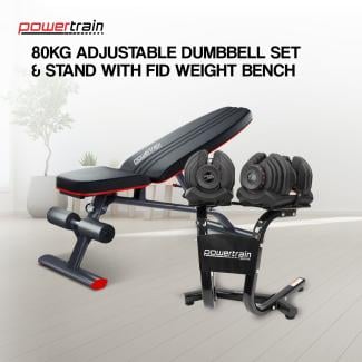 Powertrain 80KG Adjustable Dumbbell Set & Stand with FID Weight Bench