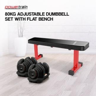 Powertrain 80KG Adjustable Dumbbell Set with Flat Bench