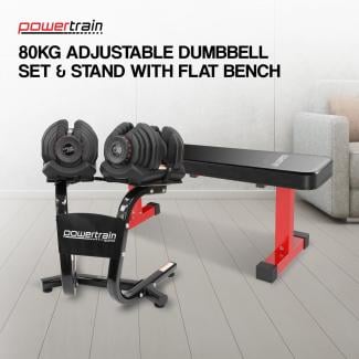 Powertrain 80KG Adjustable Dumbbell Set & Stand with Flat Bench