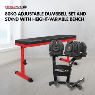 Powertrain 80KG Adjustable Dumbbell Set & Stand with Height-Variable Bench