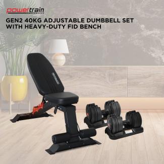 Powertrain GEN2 40KG Adjustable Dumbbell Set with Heavy-Duty FID Bench