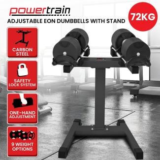 Powertrain 2x 36kg Eon Dial-Up Adjustable Dumbbell Set with Stand