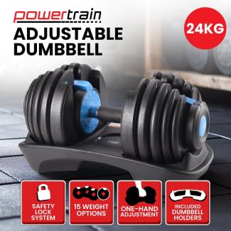 Powertrain 24kg Adjustable Dumbbell Home Gym Exercise Weights Free Workout Blue