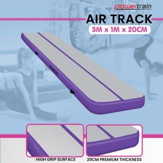 Powertrain 3m x 1m x 20cm Air Track Inflatable Tumbling Mat Gymnastics Exercise Purple Grey