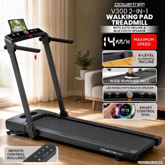Powertrain V300 3.0HP Foldable 2-in-1 Walking Pad Treadmill with Auto Incline 14kph Under Desk Running Machine
