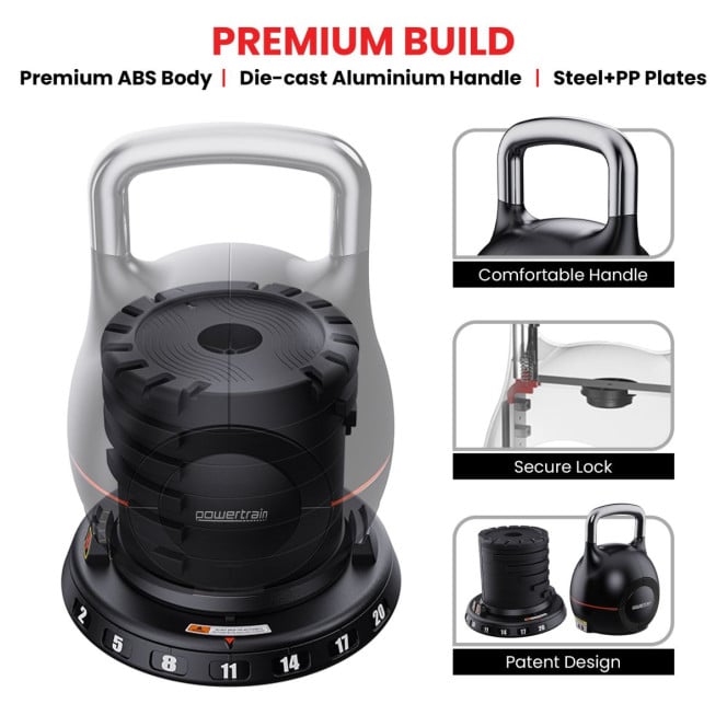 Powertrain Adjustable Kettlebell 20kg 7 in 1 Weight Selection Set w/Quick One Hand Adjustment Secure Locking System Image 8