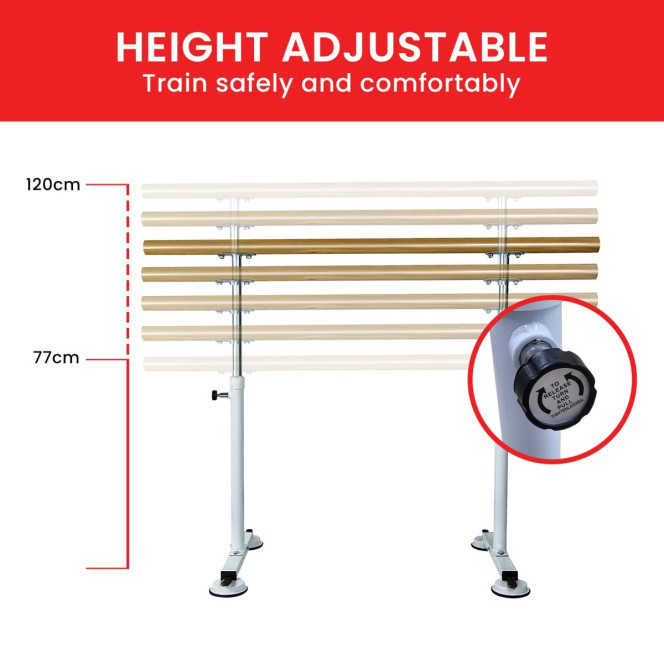 Powertrain 150cm Freestanding Ballet Barre Portable Adjustable Height Dance Bar Pine Wood Pole Home Studio Image 4