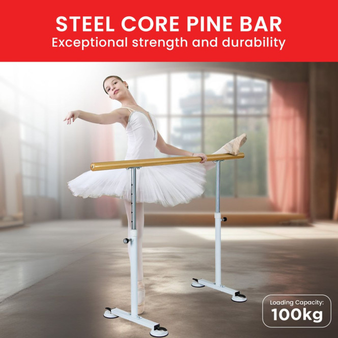 Powertrain 150cm Freestanding Ballet Barre Portable Adjustable Height Dance Bar Pine Wood Pole Home Studio Image 3