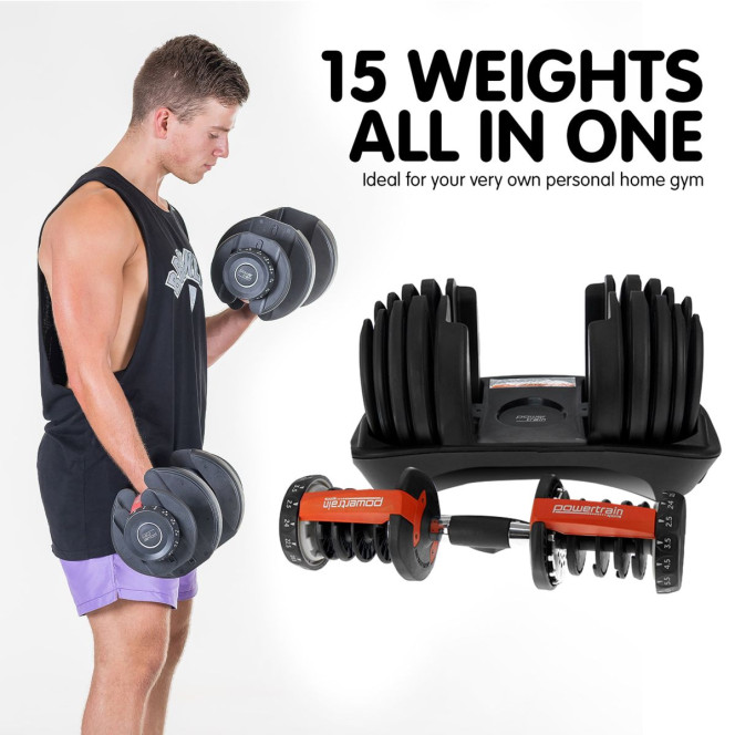 Powertrain 48KG Adjustable Dumbbell Set (Red) with Flat Bench Image 9
