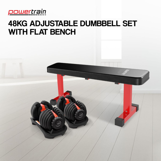 Powertrain 48KG Adjustable Dumbbell Set (Red) with Flat Bench