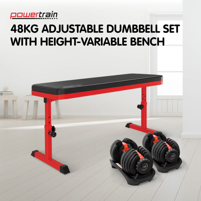 Powertrain 48KG Adjustable Dumbbell Set - Red with Height-Variable Bench
