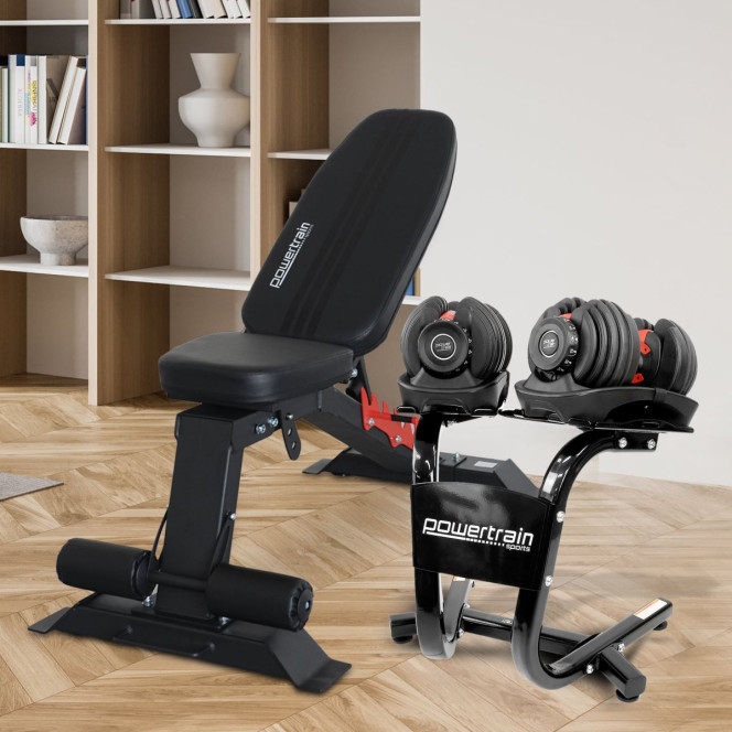 Powertrain 48KG Adjustable Dumbbell Set (Red) & Stand with Flat Incline Decline Bench Image 16
