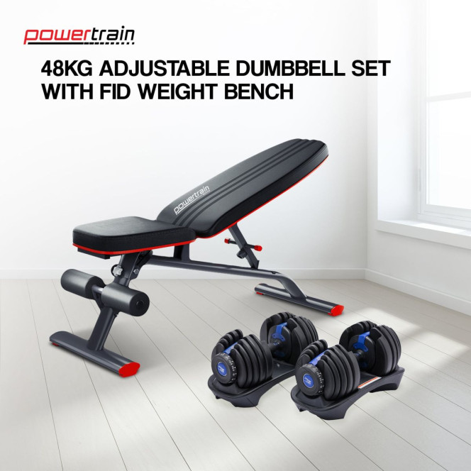 Powertrain 48KG Adjustable Dumbbell Set (Blue) with FID Weight Bench