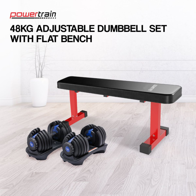 Powertrain 48KG Adjustable Dumbbell Set (Blue) with Flat Bench