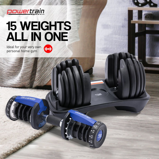 Powertrain 48KG Adjustable Dumbbell Set - Blue with Height-Variable Bench Image 6