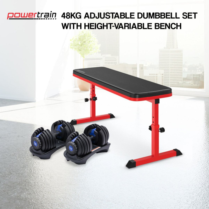 Powertrain 48KG Adjustable Dumbbell Set - Blue with Height-Variable Bench