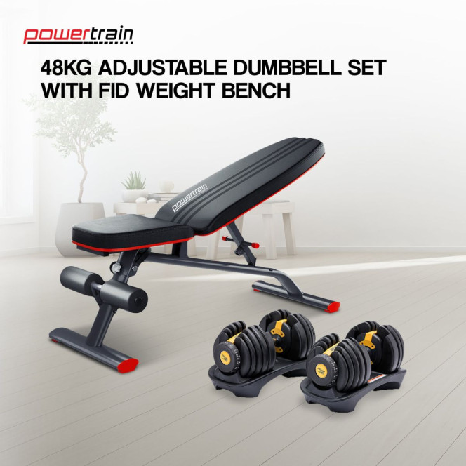 Powertrain 48KG Adjustable Dumbbell Set (Gold) with FID Weight Bench