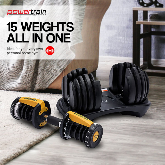 Powertrain 48KG Adjustable Dumbbell Set (Gold) with Flat Bench Image 9
