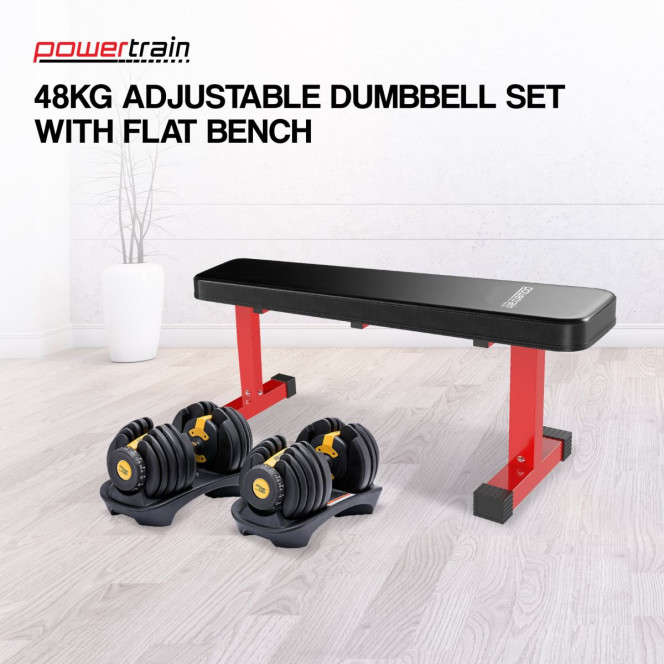 Powertrain 48KG Adjustable Dumbbell Set (Gold) with Flat Bench
