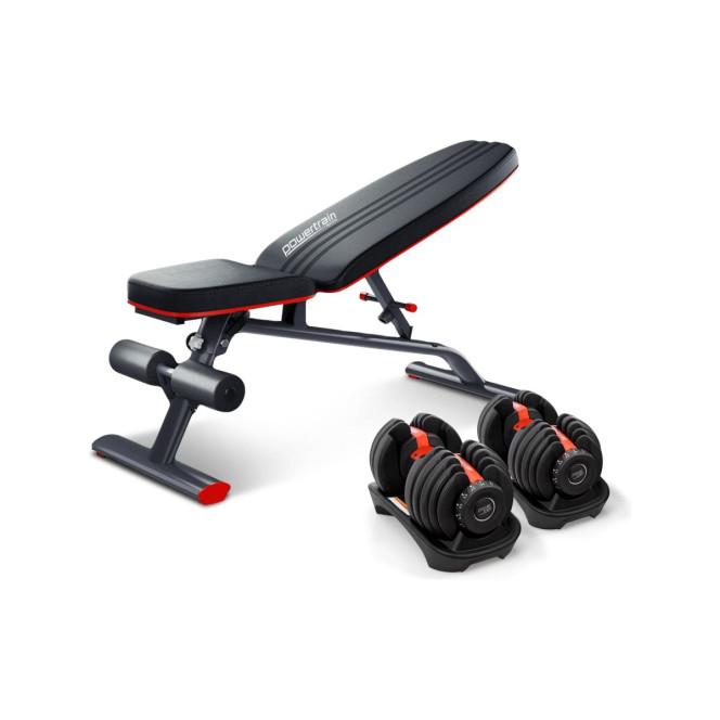 Powertrain 48KG Adjustable Dumbbell Set (Red) with FID Weight Bench Image 2