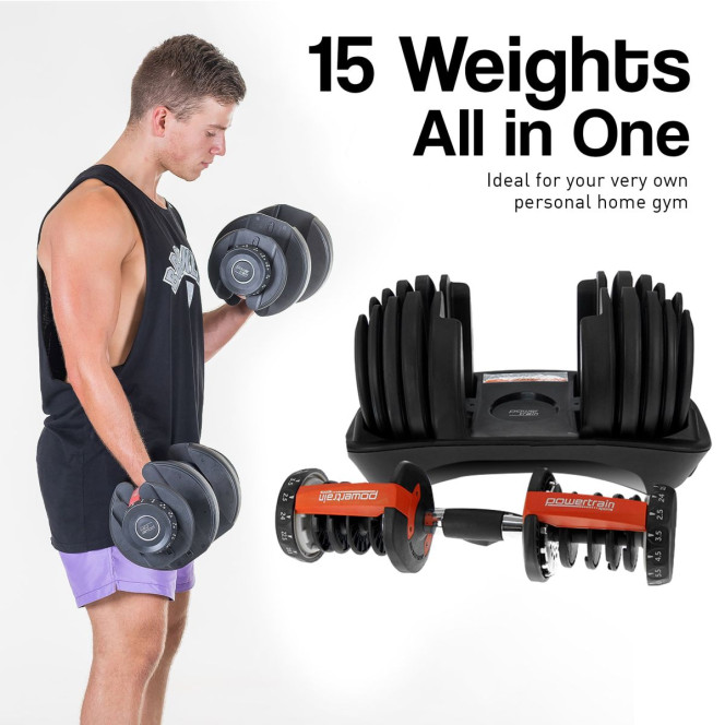 Powertrain 48KG Adjustable Dumbbell Set (Red) with FID Weight Bench Image 10