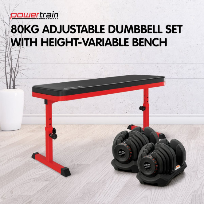 Powertrain 80KG Adjustable Dumbbell Set with Height-Variable Bench