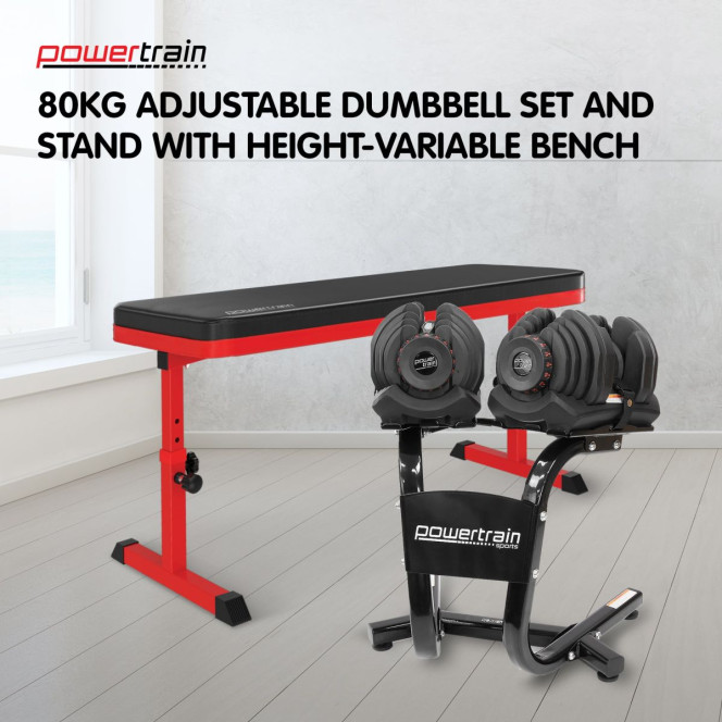 Powertrain 80KG Adjustable Dumbbell Set & Stand with Height-Variable Bench