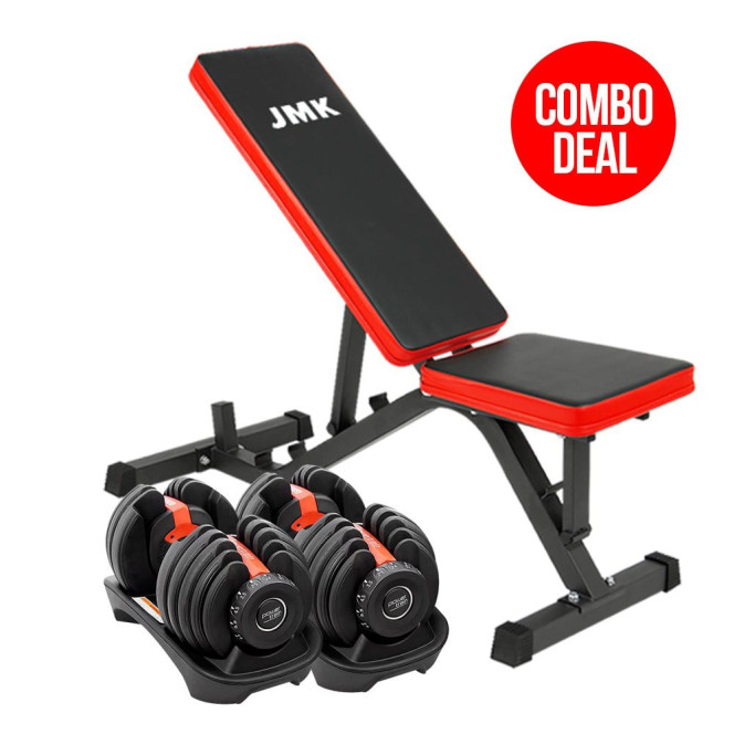 2x Powertrain 24kg Adjustable Dumbbell Home Gym w/ Exercise Bench