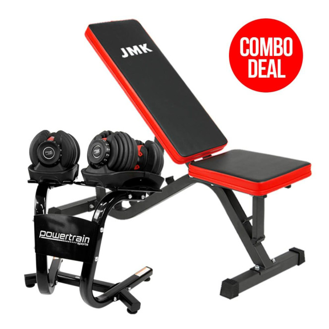 2x Powertrain 24kg Adjustable Dumbbells w/ Stand and Exercise Bench Image 2