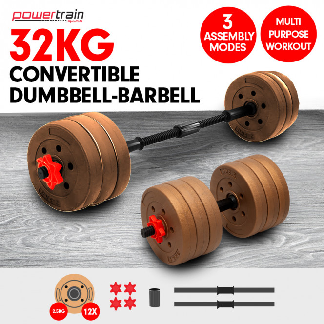 Powertrain 32kg Home Gym Adjustable Dumbbell Barbell Weights - Gold Image 12
