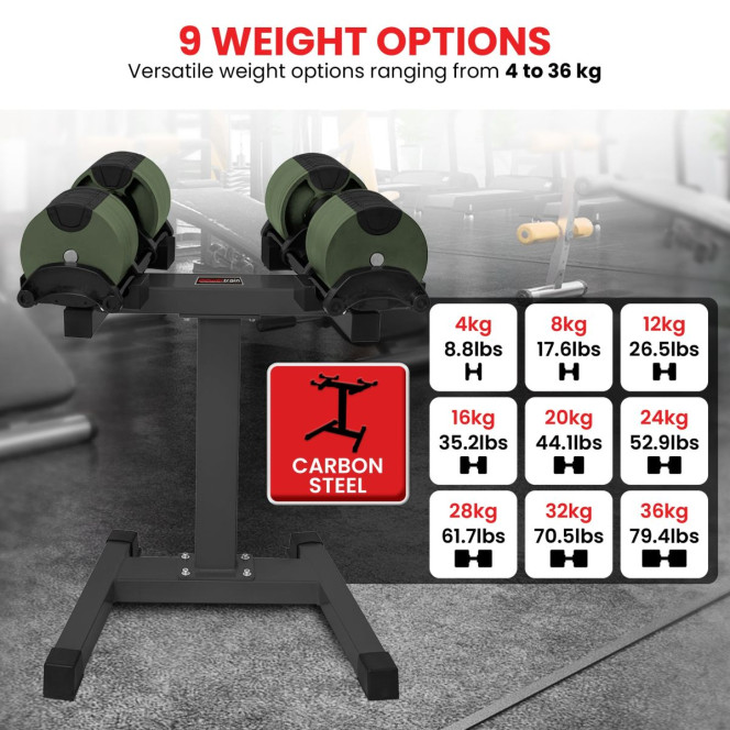Powertrain Eon Dial-Up 72KG Adjustable Dumbbells Pair with Stand  - Green Image 13