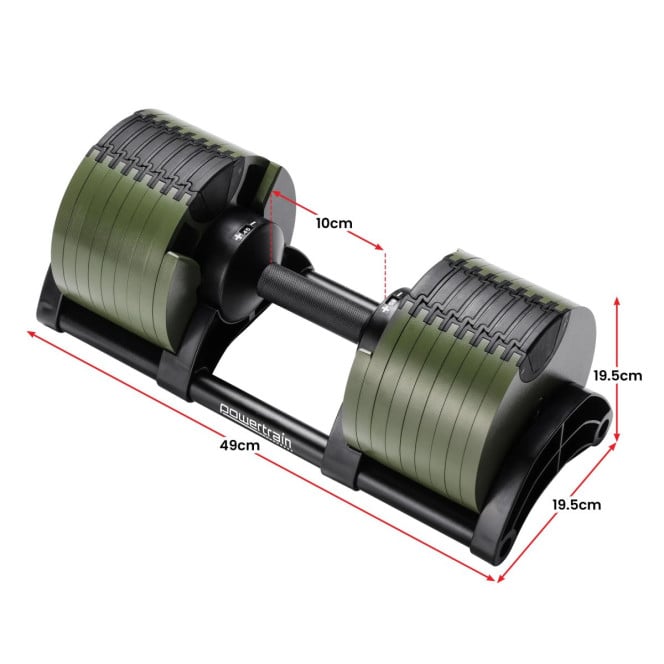 Powertrain Eon 45kg Adjustable Dumbbell Fast Dial Selector 5-45kg Home Gym Strength Training Free Weight - Green Image 6