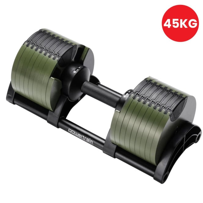 Powertrain Eon 45kg Adjustable Dumbbell Fast Dial Selector 5-45kg Home Gym Strength Training Free Weight - Green Image 8