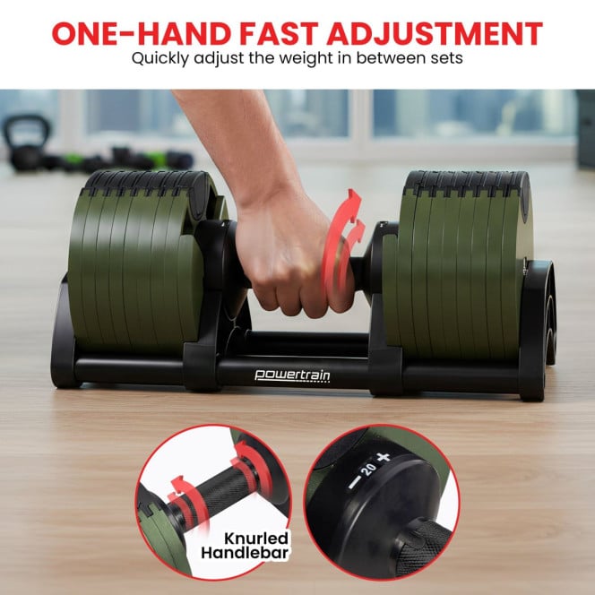 Powertrain Eon 45kg Adjustable Dumbbell Fast Dial Selector 5-45kg Home Gym Strength Training Free Weight - Green Image 9