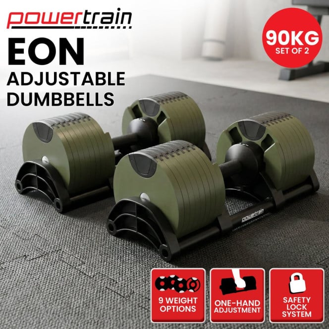 Powertrain Eon 90kg Adjustable Dumbbells Pair (2x 45kg) Quick Dial Strength Training Free Weights for Home Gym, Green Image 2