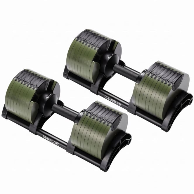Powertrain Eon 90kg Adjustable Dumbbells Pair (2x 45kg) Quick Dial Strength Training Free Weights for Home Gym, Green