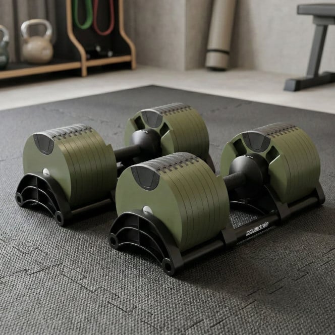 Powertrain Eon 90kg Adjustable Dumbbells Pair (2x 45kg) Quick Dial Strength Training Free Weights for Home Gym, Green Image 12