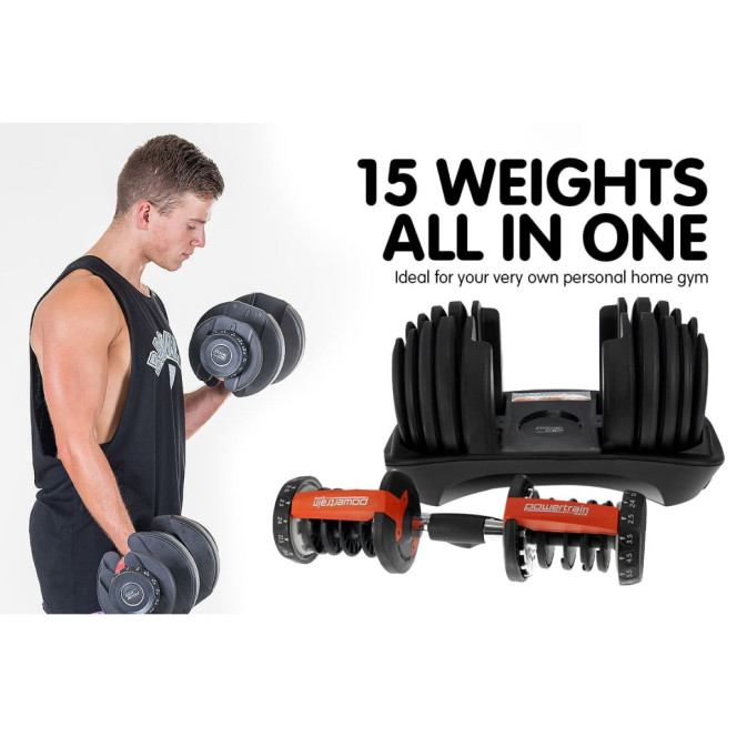 Powertrain 24kg Adjustable Dumbbell Home Gym Exercise Bench Weights Image 3