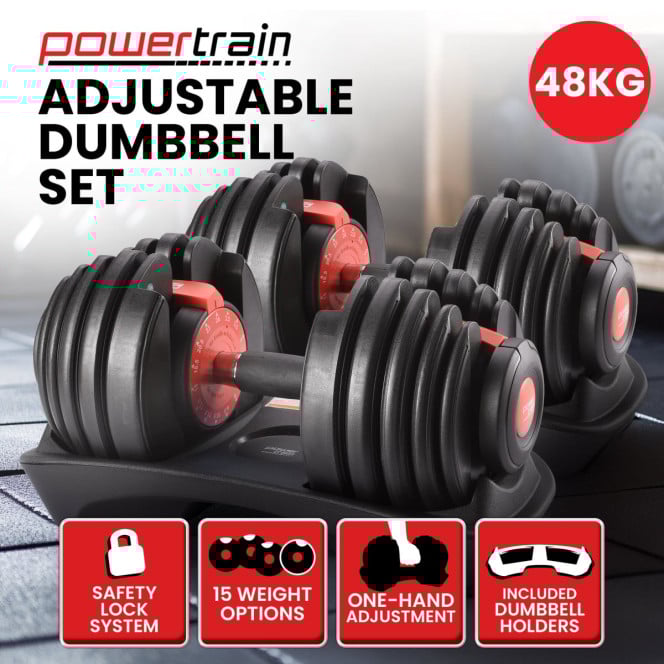 Powertrain 48kg Adjustable Dumbbells 15-in-1 Home Gym Weights  Red