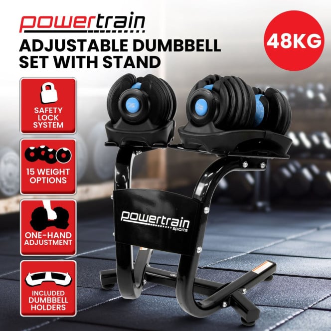 Powertrain 2x 24kg Blue Adjustable Dumbbells Home Gym Weights with Stand