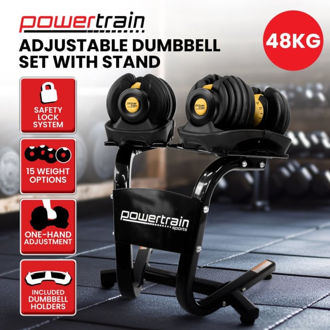 Powertrain 2x 24kg Gold Adjustable Dumbbells Home Gym Weights with Stand