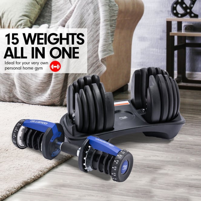 48KG Powertrain Adjustable Dumbbell Set With Stand Blue Image 2