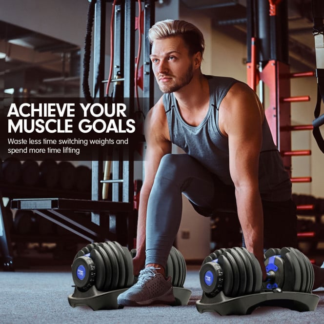 Powertrain 2x 24kg Blue Adjustable Dumbbells Home Gym Weights with Stand Image 7