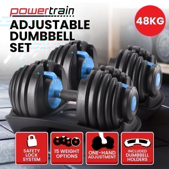 Powertrain 2x 24kg Blue Home Gym Adjustable Dumbbells Weights